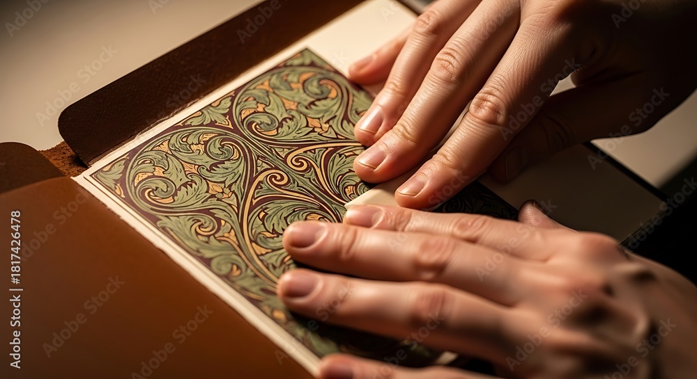 Obraz premium Bookbinder crafting a decorative book cover inside workshop under warm light