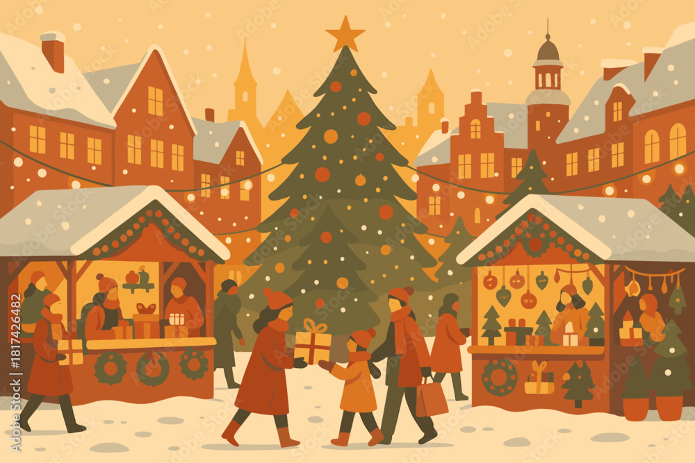 Fototapeta premium People market red festive vector shopping magic golden wonderland creating illustration soft