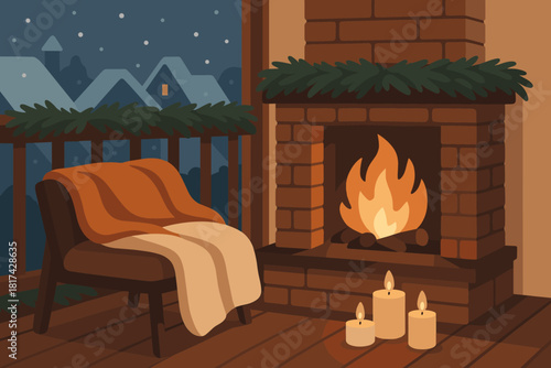 Vector candles illustration rooftops winter balcony corner blankets cozy soft garlands visible