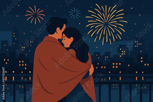 Below view illustration watching firework romantic tender vector standing fireworks city wrapped