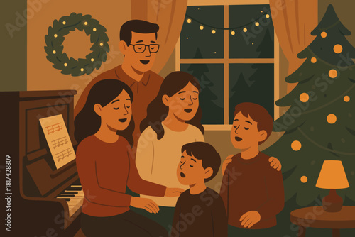 Illustration seasonal joy vector family scene pure evening cozy nostalgia decorations softly