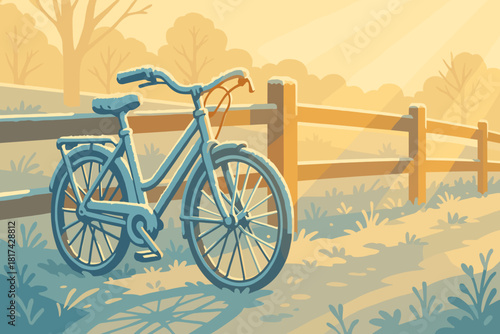Glow vector bicycle illustration blending fence hitting morning leaning rays frosty icy