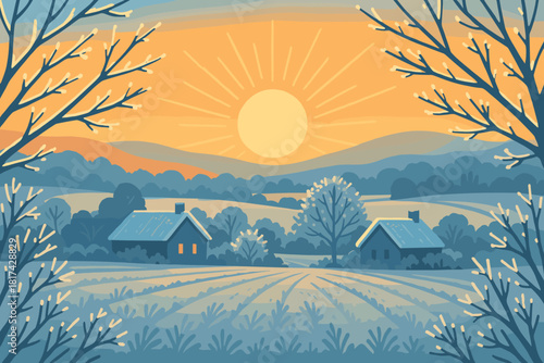 Beginning first new frosty vector branches glistening illuminated illustration open countryside glow