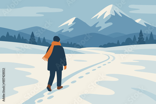 Contrasting distant vector walk reflection quiet landscape winter warm solitary person illustration