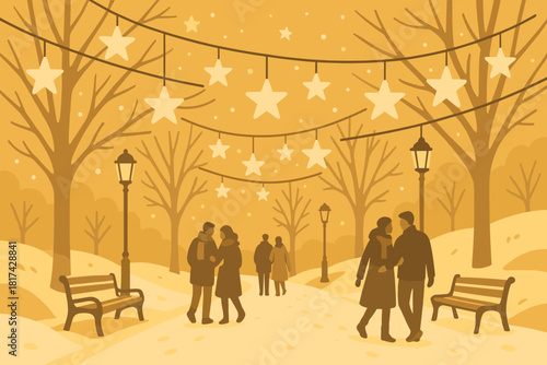 Park walkway vector serenity festive calm illustration yellow enhancing stroll couples illuminated