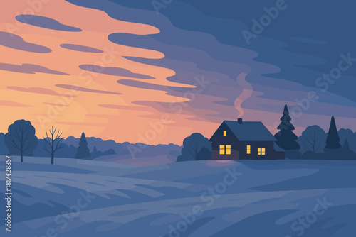 Evening arrival illustration haze field winter glow cool rising into sunset vector