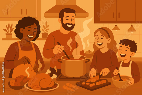 Steam family together cooking dishes love laughter dinner rising showing illustration vector