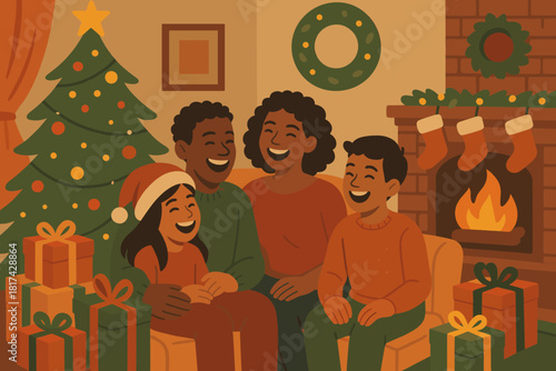 Color illustration under living holiday presents faces laughter wrapped joy lights room