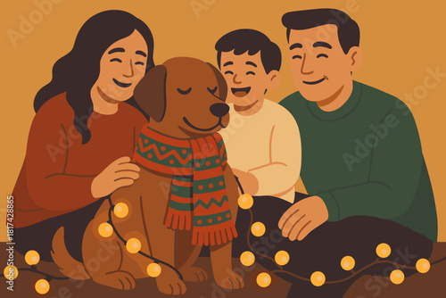 Surrounded dog festive family moment vector smiling heartwarming illustration wearing comfort delight