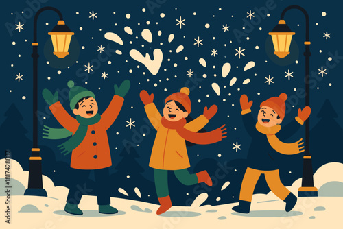 Winter snow scarves vibrant golden under mittens joyful everywhere vector illustration play