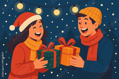 Snowfall exchange illustration boxes festive gift emotion wrapped smiling vector friends outdoors