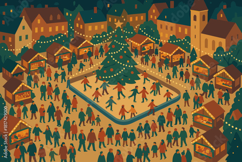 Twinkling stalls illustration festive town market outlining filled vector christmas happily gathered