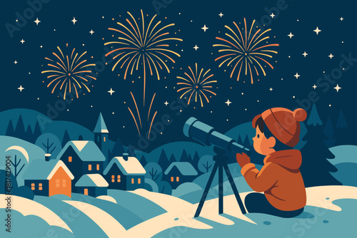 Over child hope illustration through vector new s twinkling telescope dreamy fireworks