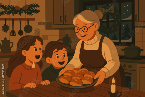 Evening illustration warm serving excitement grandmother candlelight vector pastries delight highlighting winter