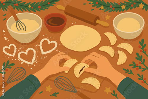 Bowls traces flour festive dough preparing illustration hands joyful pastries scene vector