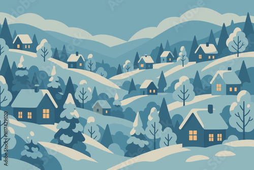 Houses trees panorama village illustration vector atmosphere glowing hills warm small interior