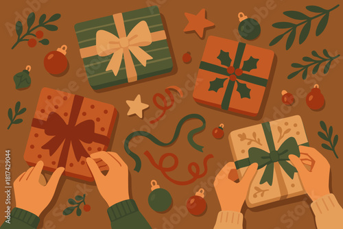 Table mood illustration festive creating gift joyful scattered vector wrapping hands lighting