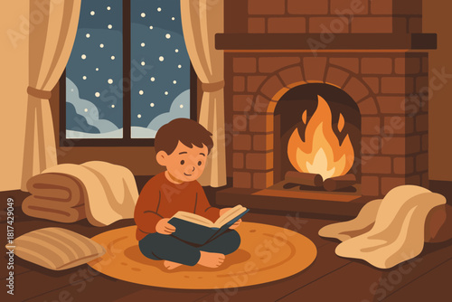 Vector window rug peaceful evening cozy illustration reading visible fireplace snow child