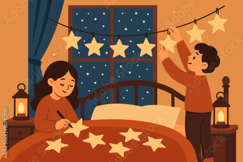 Stars enhancing children s new above lanterns bed quiet outside wishes illustration