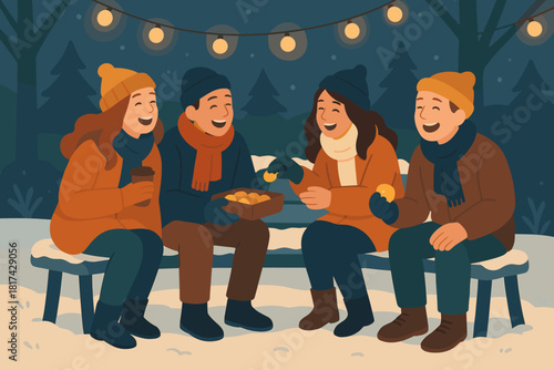 Soft captured illustration moment minimal vector winter joyful lights gathering around style
