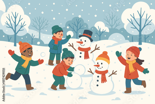 Wonderland sparkling scarves playing winter vector hats illustration snowballs joyful colorful snowmen