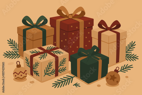 Gift ribbons bows illustration vector warm ambiance festive ornaments stack elegantly around
