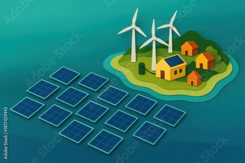 Renewable energy landscape illustrating a vibrant ecosystem with solar panels and wind turbines powering modern sustainable homes transforming green technology into future resilience