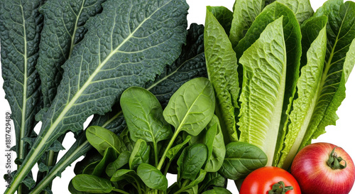 Fototapeta Naklejka Na Ścianę i Meble -  Fresh green leafy vegetables and red fruits isolated on transparent background