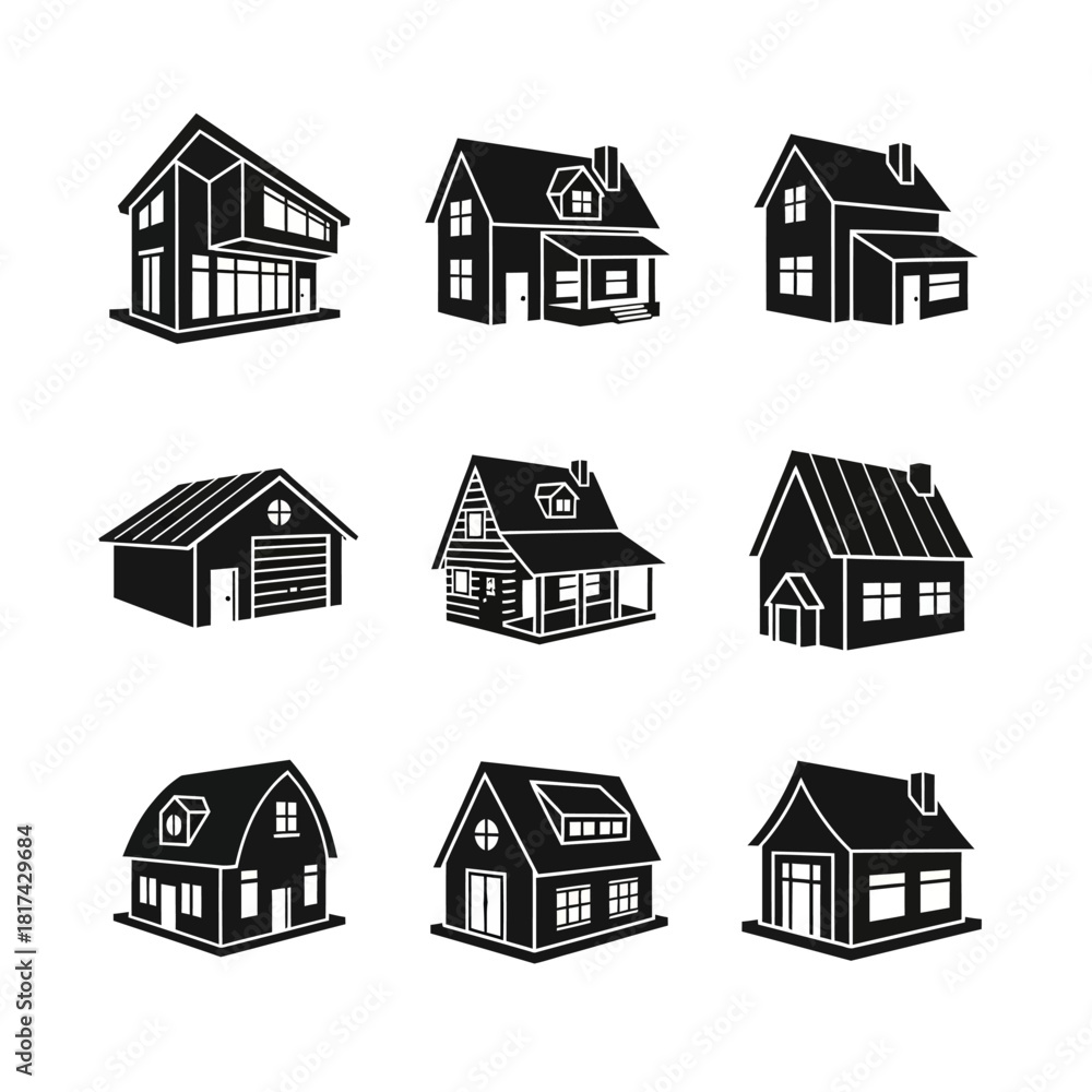 Fototapeta premium Black architectural house icons featuring various residential building styles