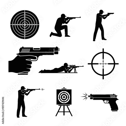 Target and Firearm Icons with Crosshair, Gun, and Shooting Equipment