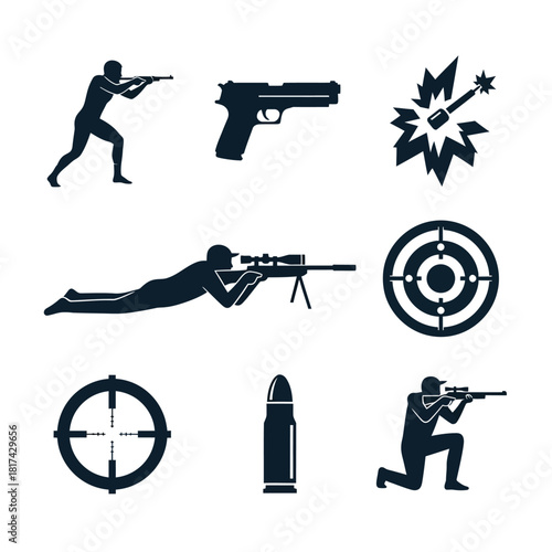 Shooting Silhouette Icons with Rifle, Target, and Action Poses