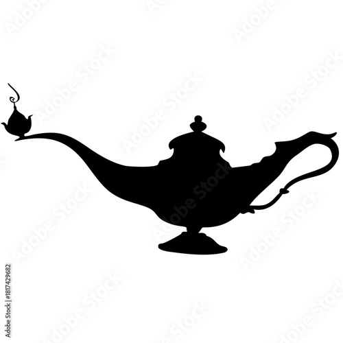 Antique oil lamp silhouette, ornate metal surface, mystical mood