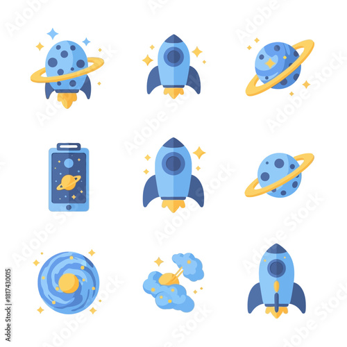 Blue and Yellow Rocket Launch and Space Travel Icon Set