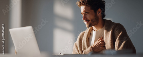 Pensive man working at laptop, bathed in sunlight. Could illustrate contemplation, inspiration, or heartfelt connection. Perfect for health, wellness, or tech stories.