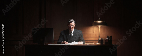 A stern, suited man works late at his desk under dim light. Powerful, serious mood. Metaphor for hard work, dedication, and long hours. Use for business, finance, or legal concepts.