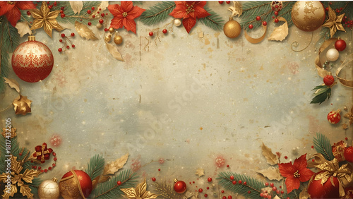 Vintage Christmas Border Frame with Poinsettias, Pine, and Antique Ornaments