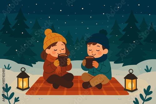 Snowflakes soft vector cocoa delight children winter illustration around glowing joyful trees