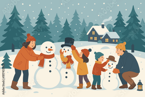 Soft fun snowy cottages distant family vector snowflakes holiday clearing illustration lanterns