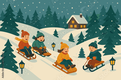 Soft winter holiday around festival fun cottages lanterns toboggans illustration vector distance