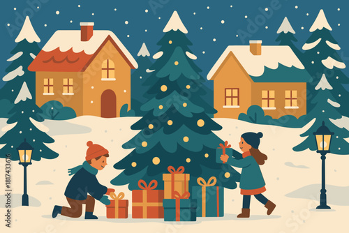 Festive scene village illustration glowing tree courtyard dusted under snow vector winter