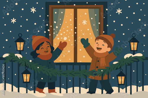 Snow lanterns balcony light atmosphere pine vector magic magical tossing illustration winter