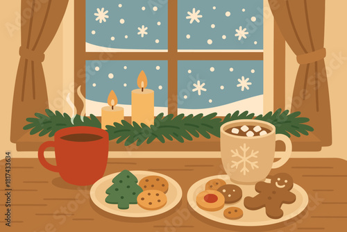 Cozy candles breakfast winter drinks hot plates indoor pine vector illustration holiday