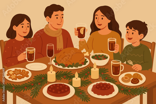 Holiday celebration plates vector set pastries festive enjoying pine family illustration table