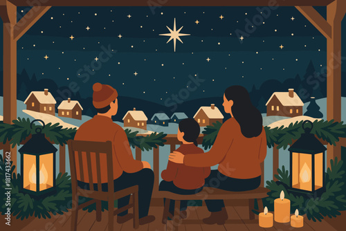 Snowy family garlands balcony pine above illustration candles retreat vector cozy quiet