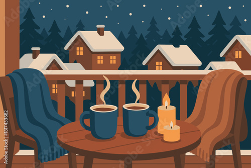 Illustration over soft cocoa pine winter vector evening balcony cozy rooftops