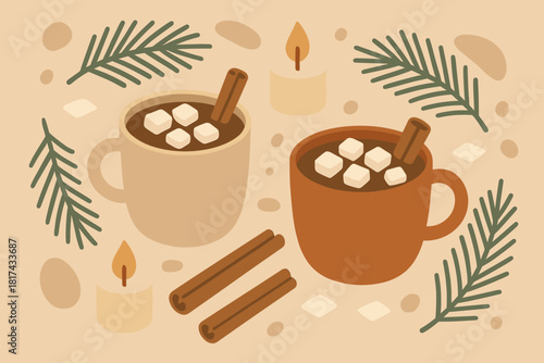 Vector abstract illustration composition winter flat cozy cocoa cinnamon pine branches marshmallows