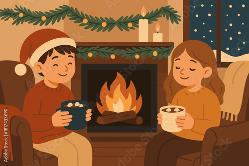 Vector illustration pine garlands soft scene cozy visible cocoa fireplace draped gathering