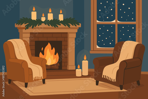 Cozy falling outside illustration retreat pine vector room glowing living garlands winter