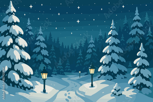 Panoramic snow vector panorama forest illustration sky starry along serene view frosty