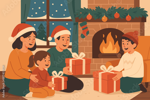 Celebration joyful mantel vector room snow visible winter window illustration gift fireplace